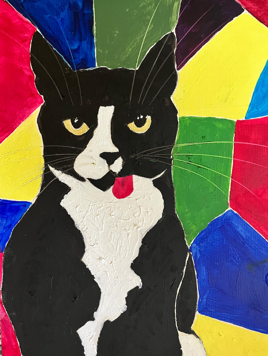R.I.P. BlepMaster 2000 (2024): Oil on canvas, paper blep