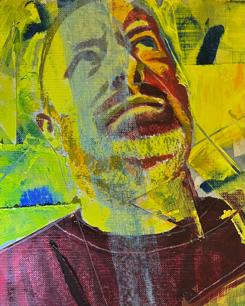 Board Gamer (2024) Oil and collage (paper, inkjet, flashlight) on canvas