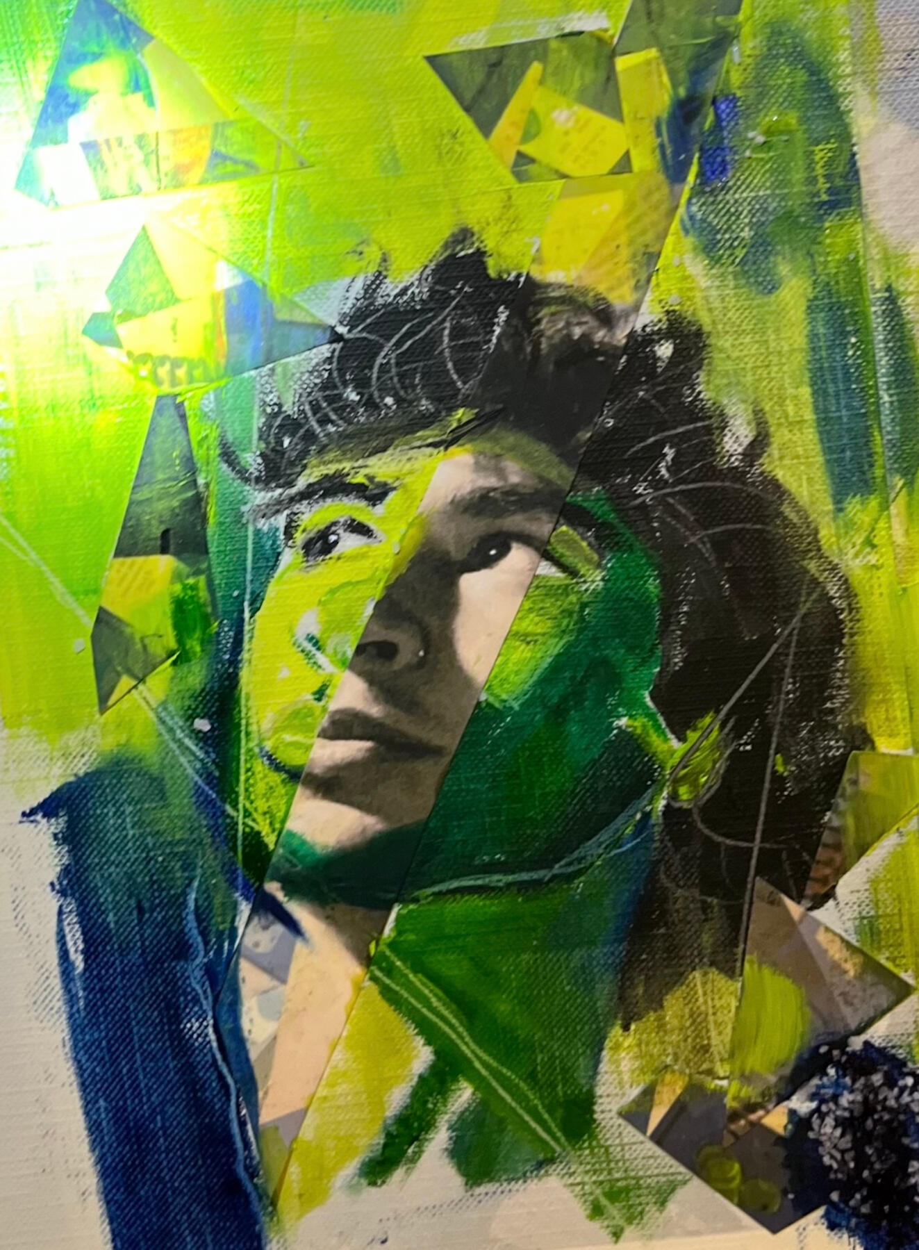 LAX Boy (2024) Oil and collage (paper, inkjet, salt, flashlight) on canvas